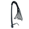 Black braided leather flogger with multiple whip tails and pointed ends, shown on a plain white background.