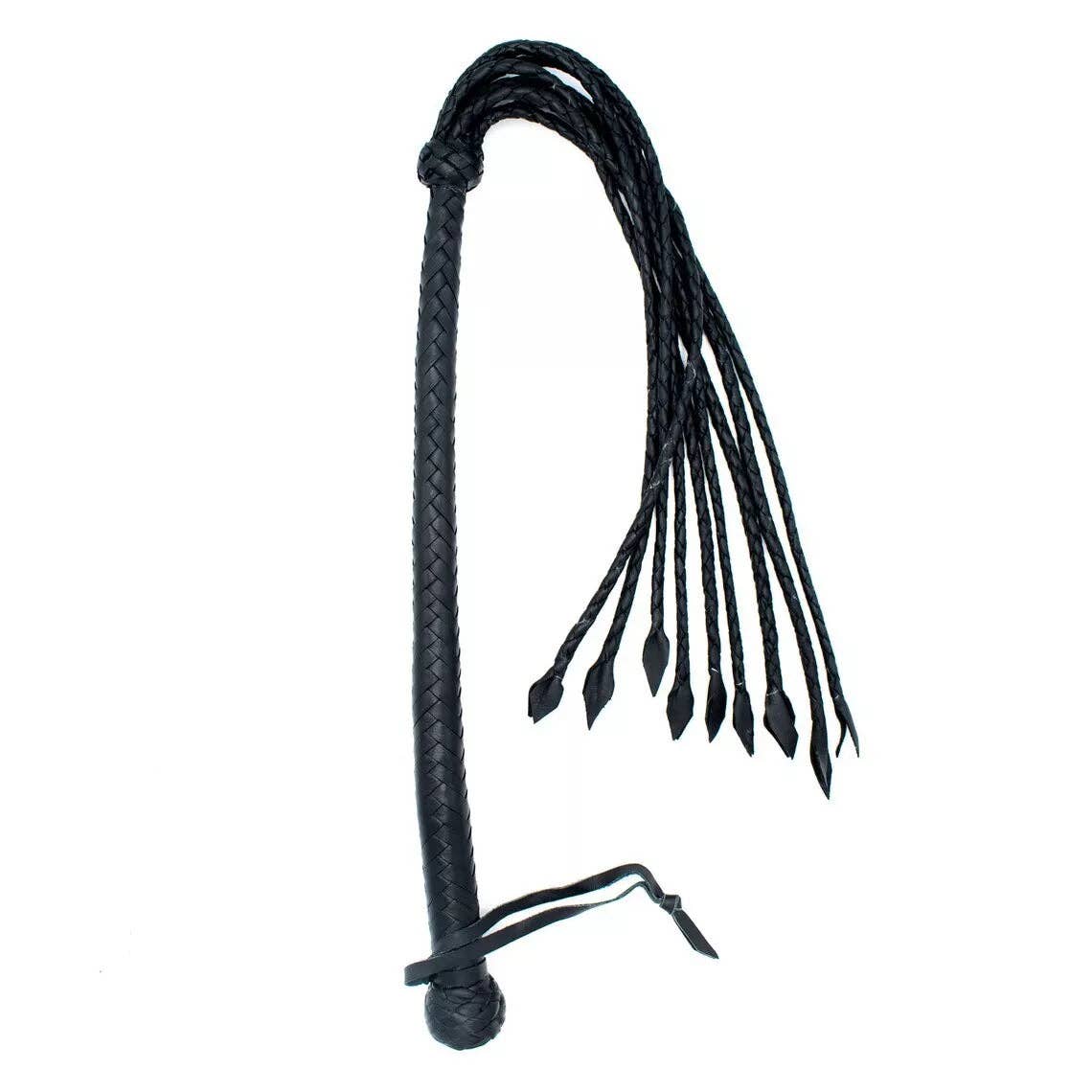 Black braided leather flogger with multiple whip tails and pointed ends, shown on a plain white background.