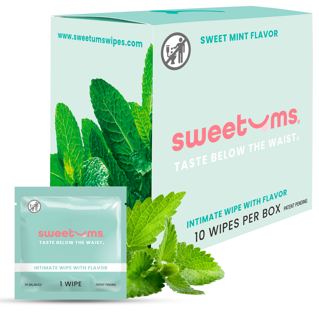 sweetums intimate wipes packaging with mint leaves on a white background