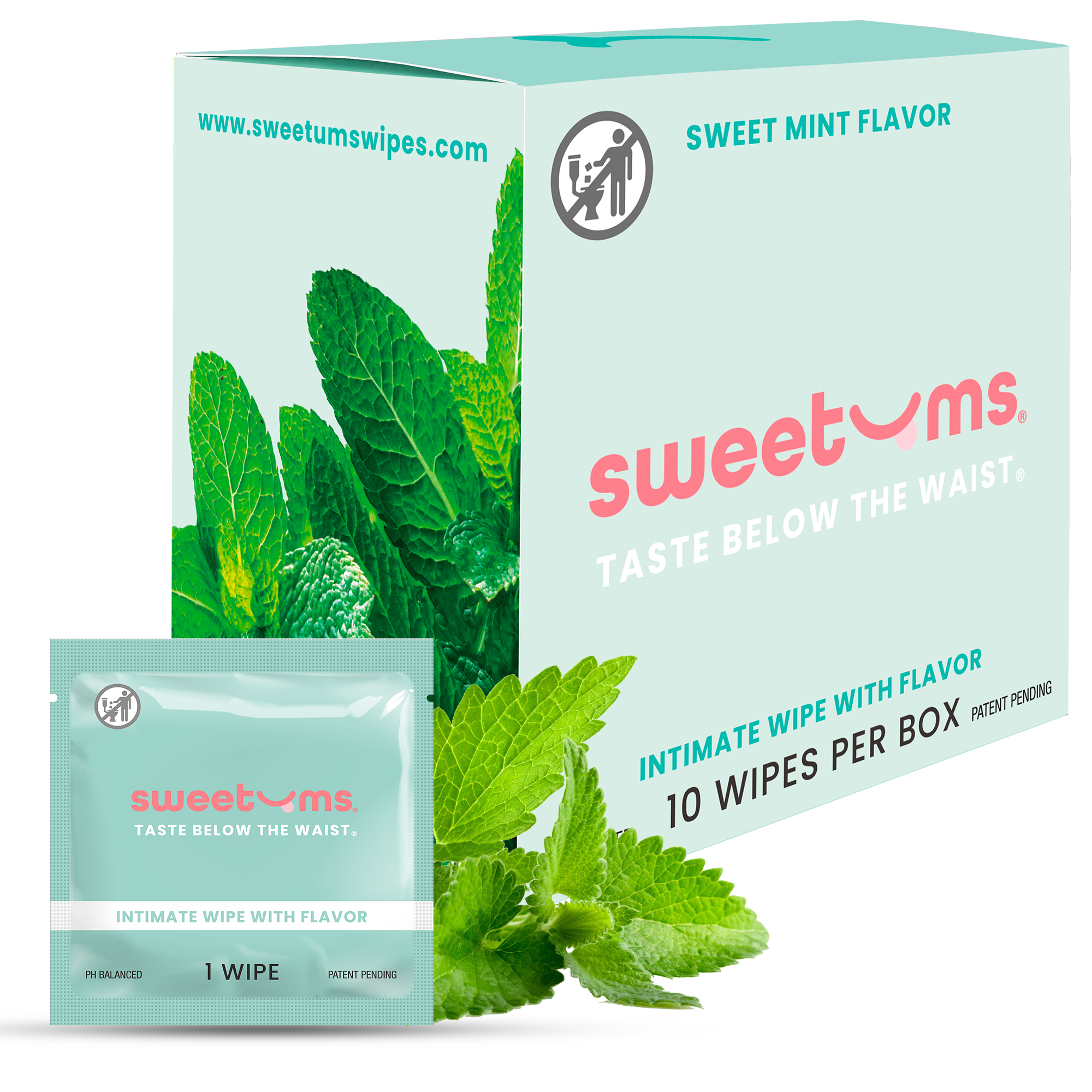 sweetums intimate wipes packaging with mint leaves on a white background