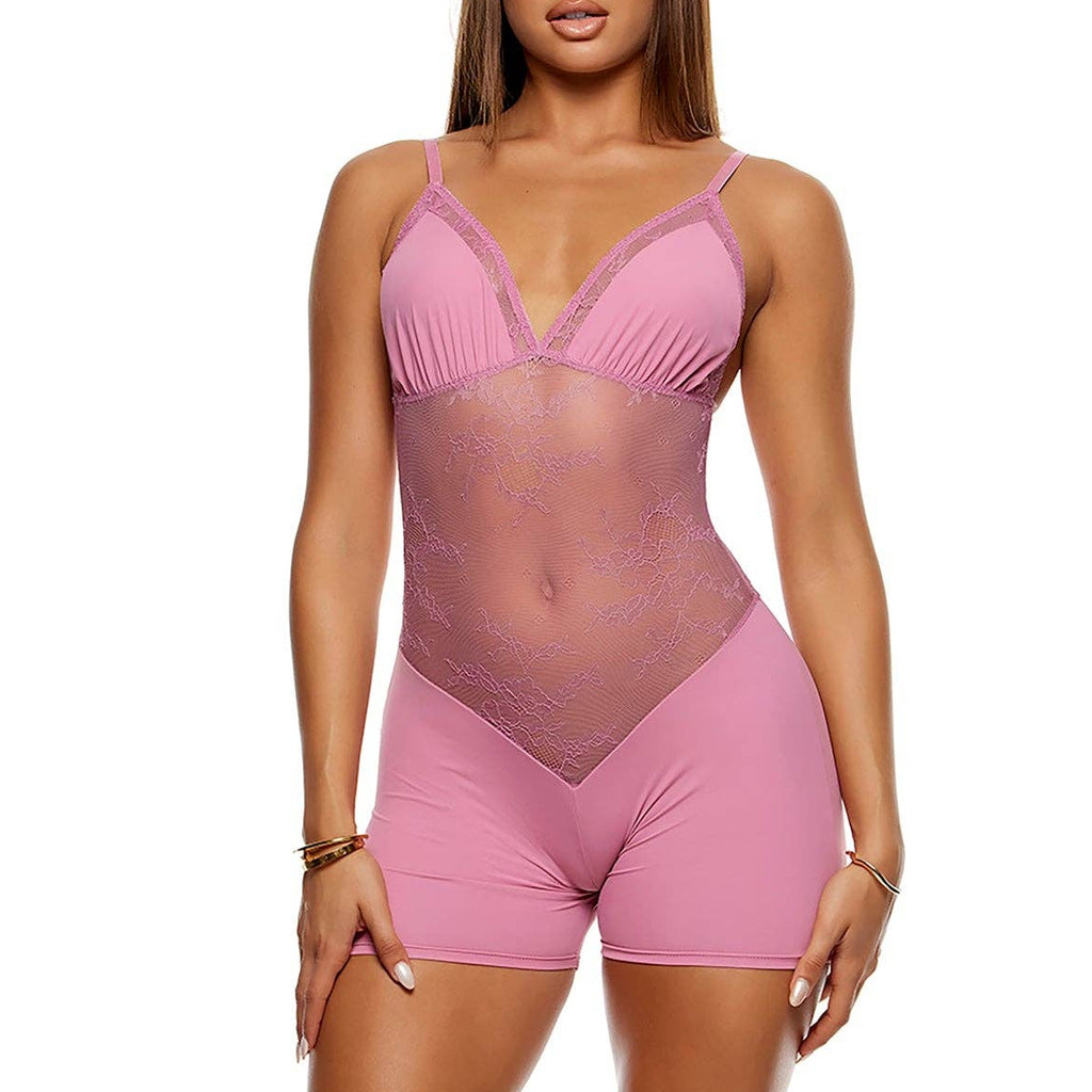 Woman wearing a pink bodysuit on a white background