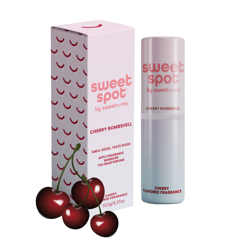 Sweet Spot Cherry Bombshell fragrance bottle and packaging with cherries on a white background