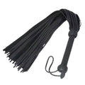 Black leather flogger with a long strap and a wrapped handle, shown on a plain white background.