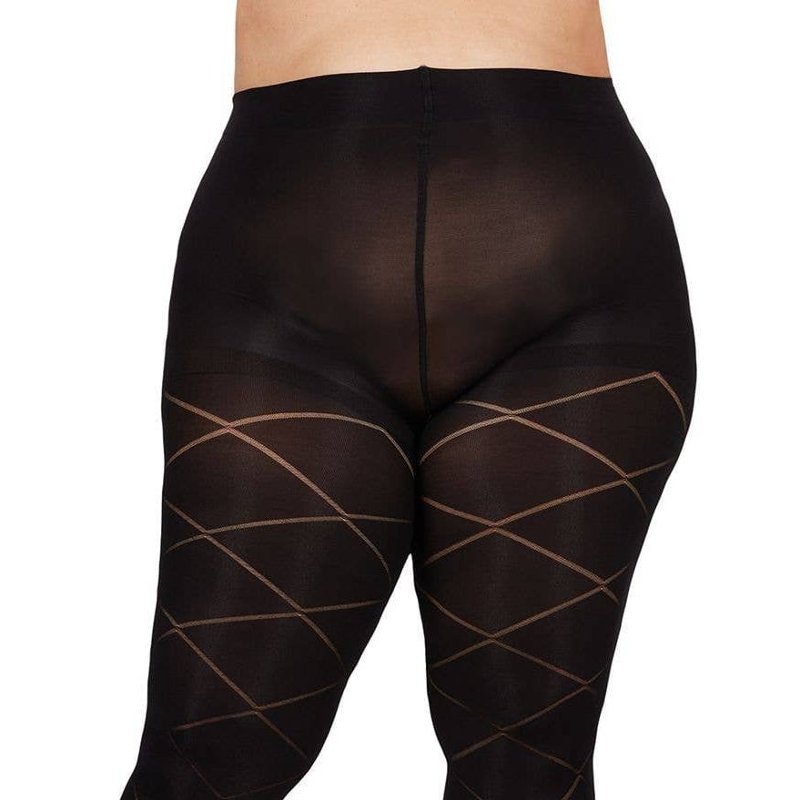 Black tights with a diamond pattern on a white background