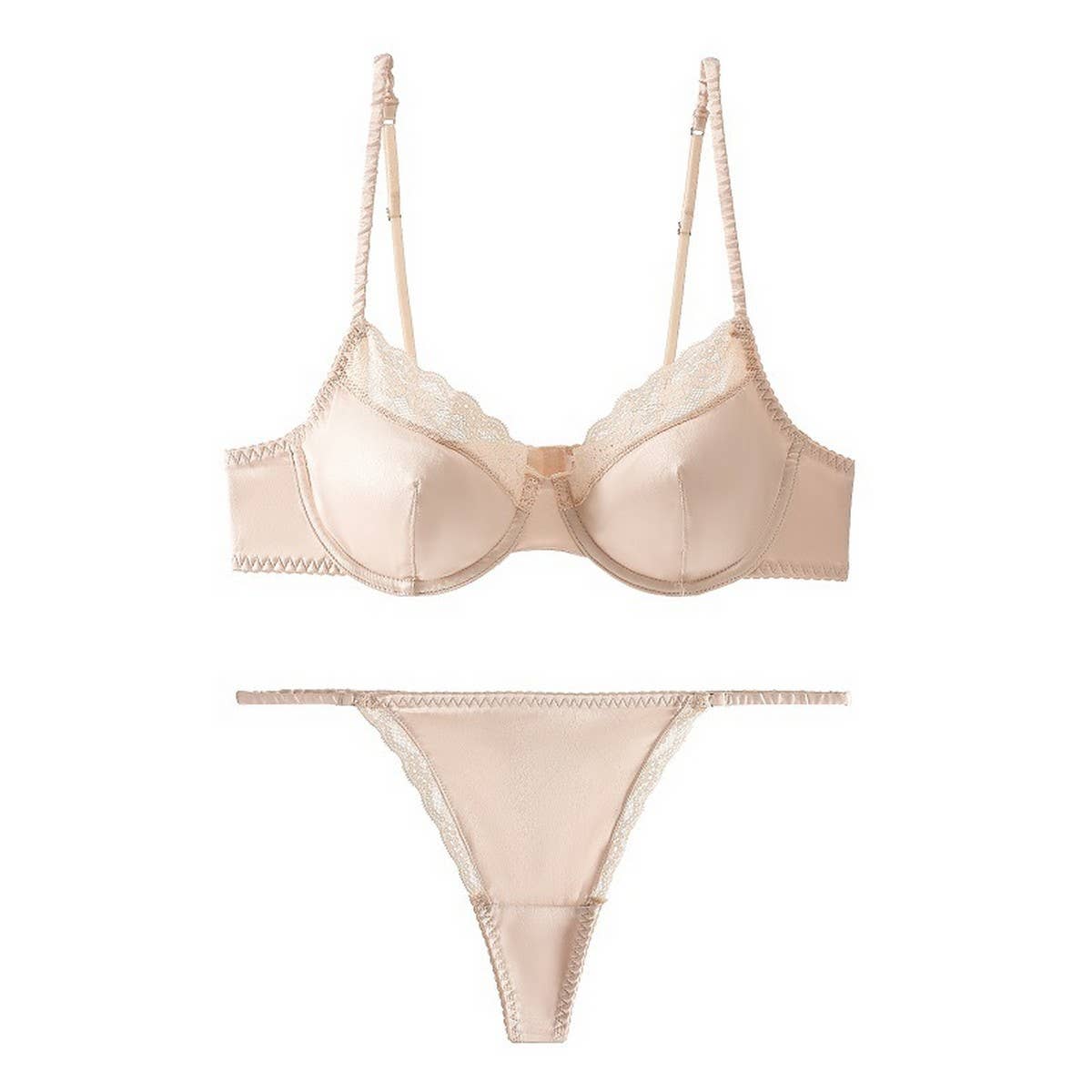 Beige bra and panties set on a white background