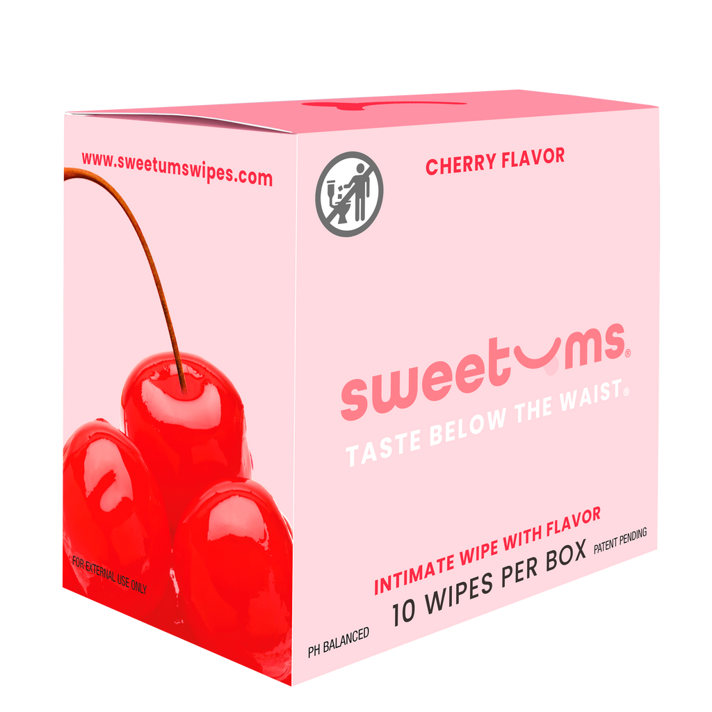 Box of sweetums cherry-flavored intimate wipes on a white background