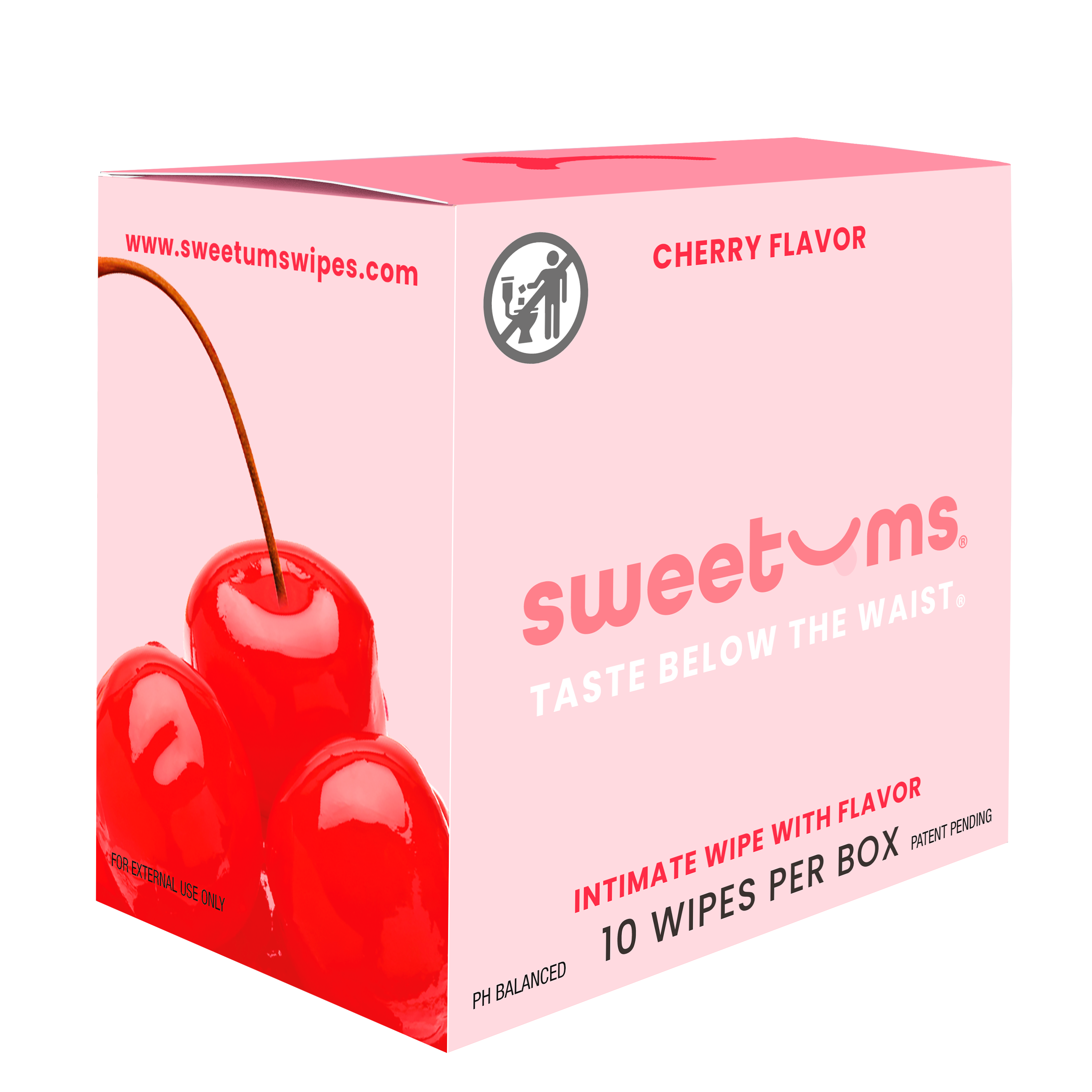 Box of sweetums cherry-flavored intimate wipes on a white background