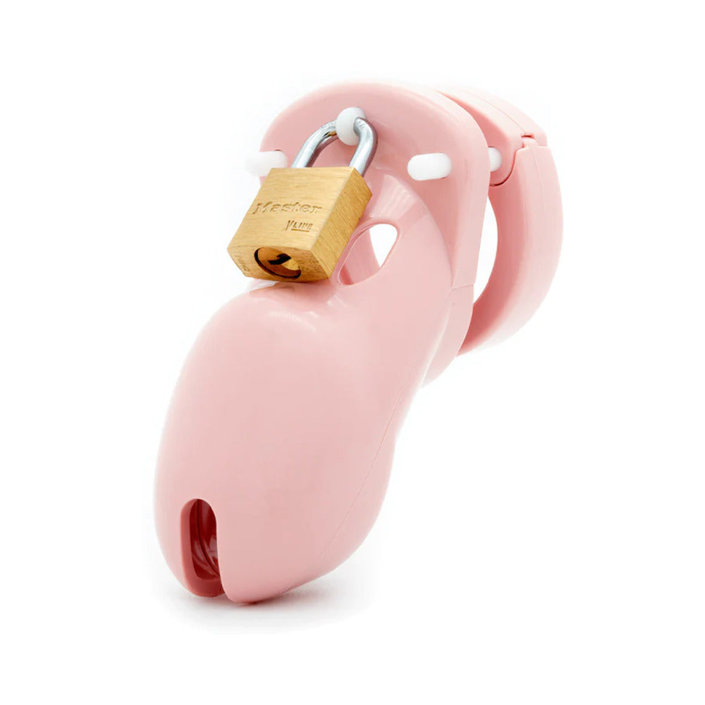 Pink male chastity cage with lock at the top of the base.