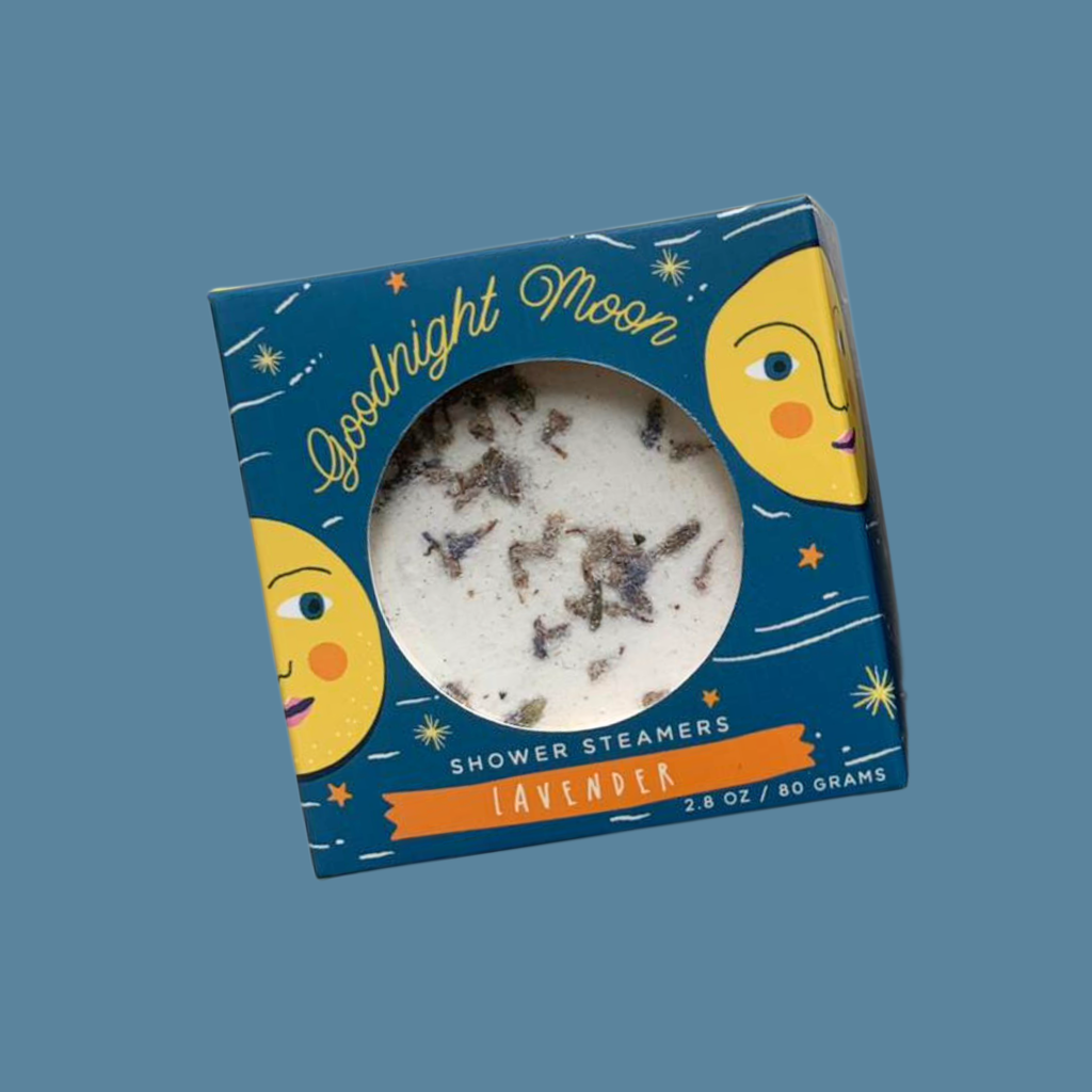 Shower steamers with lavender on a blue background, featuring 'Goodnight Moon' branding.