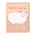 Greeting card with a sheep illustration and 'I woolly love you' text on a pink background
