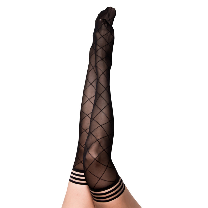 Black slightly sheer stockings with opaque diamond shapes woven in. 