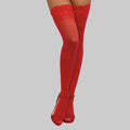 Sheer red thigh stockings with a lace, stay-up thigh band.