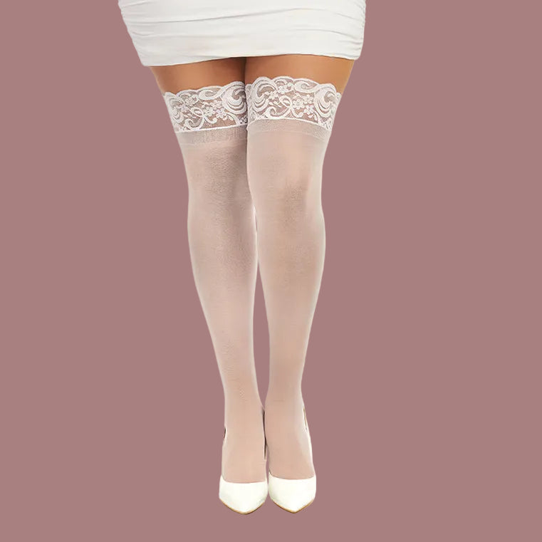 Sheer white stockings with lace stay-up thigh bands.