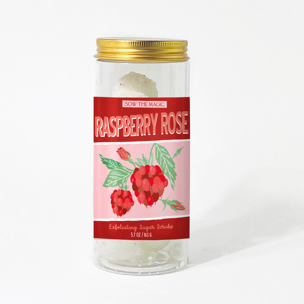 Glass jar with raspberry rose label on a white background