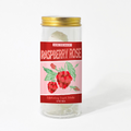 Glass jar with raspberry rose label on a white background