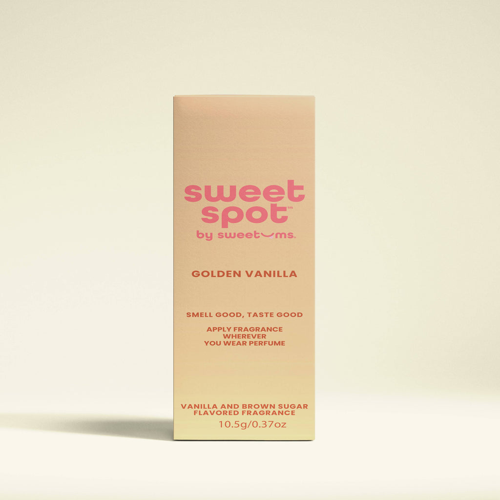 Sweet Spot by Sweetums Golden Vanilla fragrance packaging on a beige background