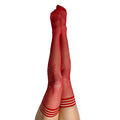 Bright redfish net thigh high stockings with light bouncing gems embedded. 
