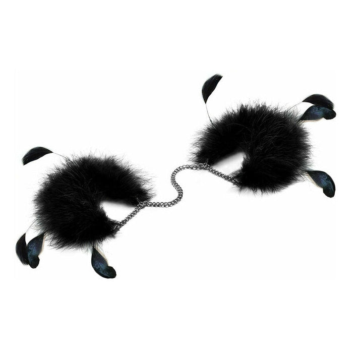 Two fluffy feather wrist cuffs with a light connector chain.