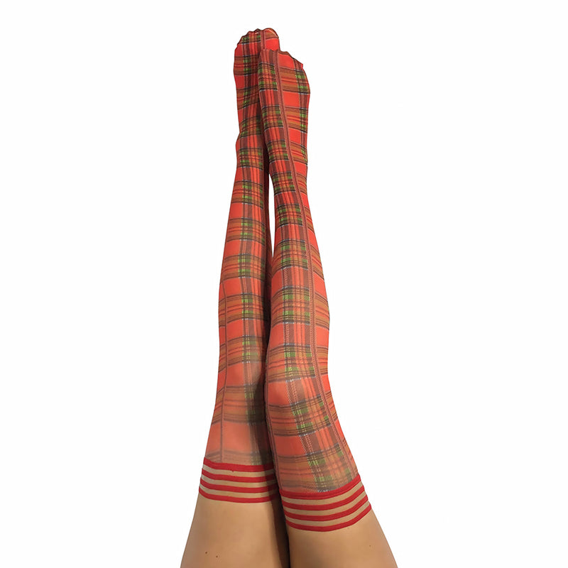 A classic red, black and green plaid pattern on stay-up stockings.