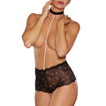 A wide band of soft lace with a string of pearl that run through the legs. Another string of pearls attached to a collar.