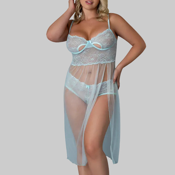Magic Silk Blue Sky Long Chemise & Boy Short Panty Blue Queen Size