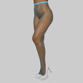 Wide, diamond-net fishnet stockings in a bright blue.