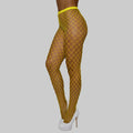 Wide, diamond-shaped net tights, in bright yellow.