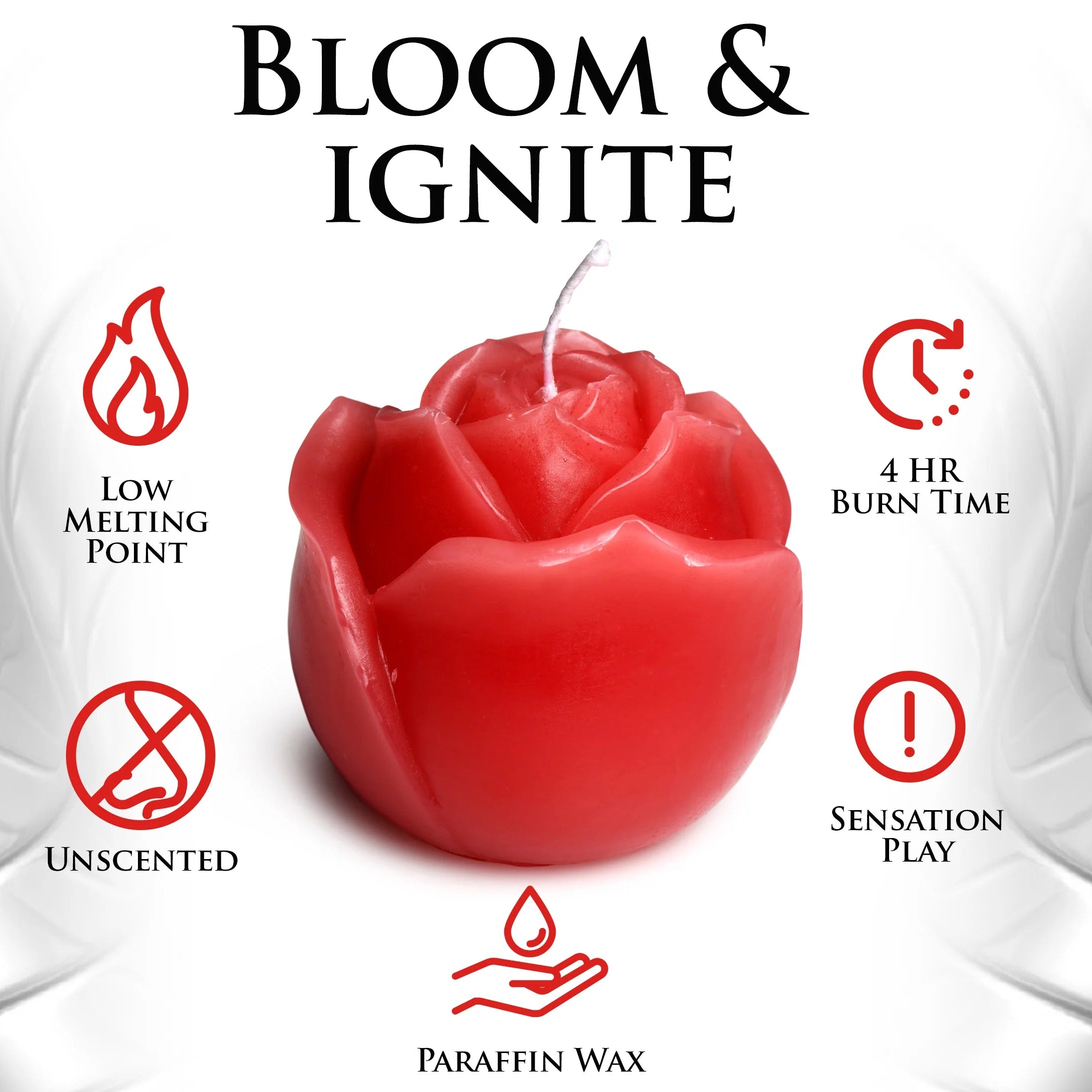 Red rose-shaped candle with product features on a white background