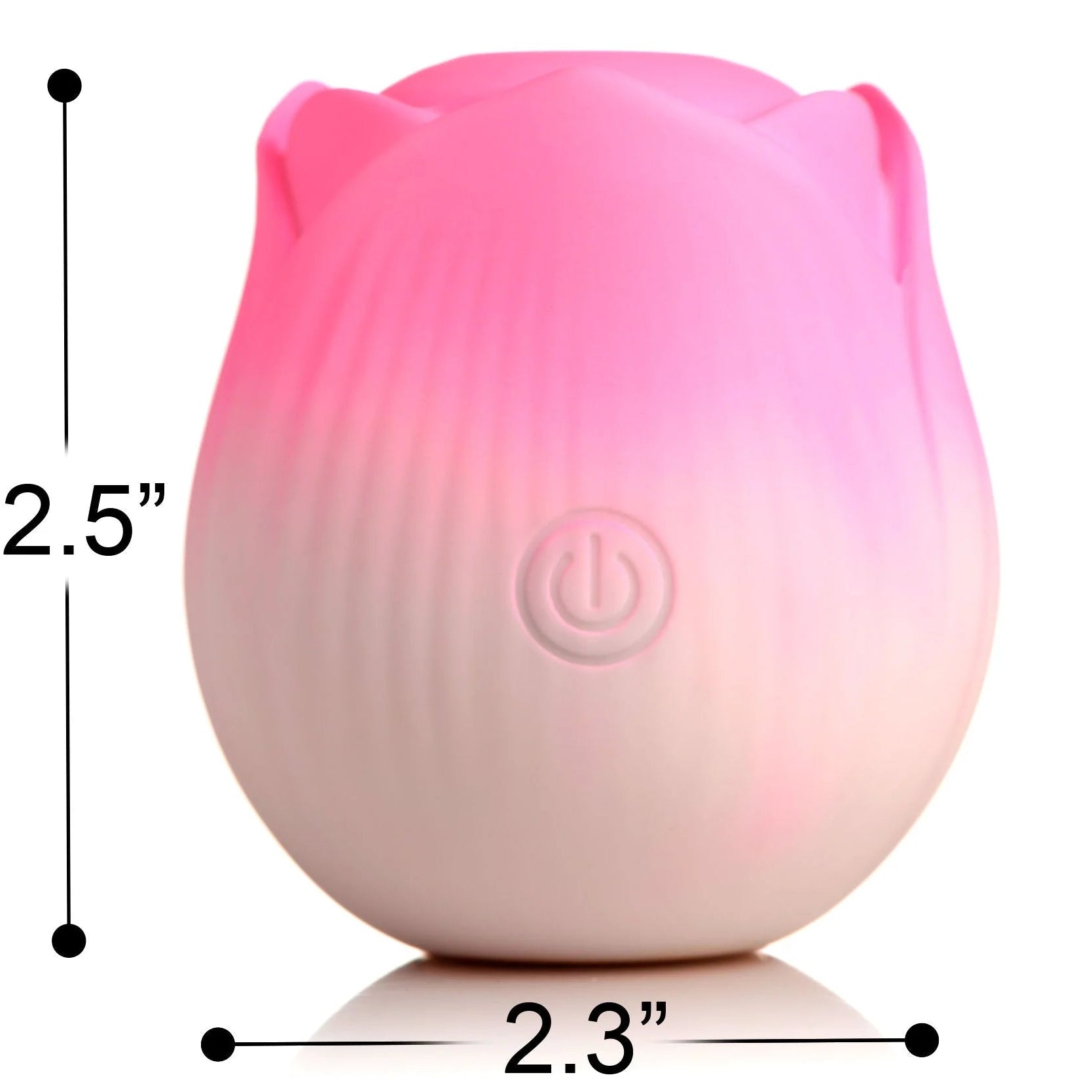 Pink tulip-shaped device with dimensions and 'PURE BLISS' text on a white background