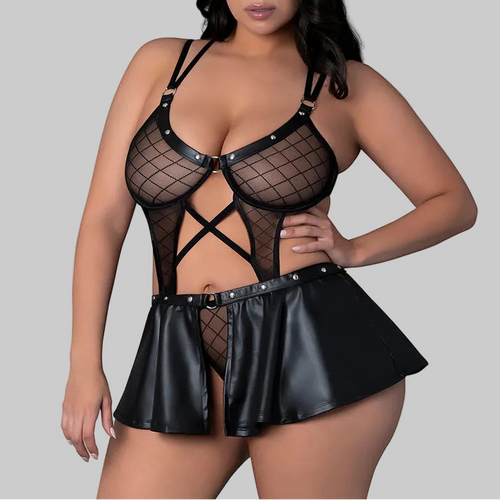 Mesh bra top and open bottom panties. The panties have a wet-look skirt attached at the waist line.
