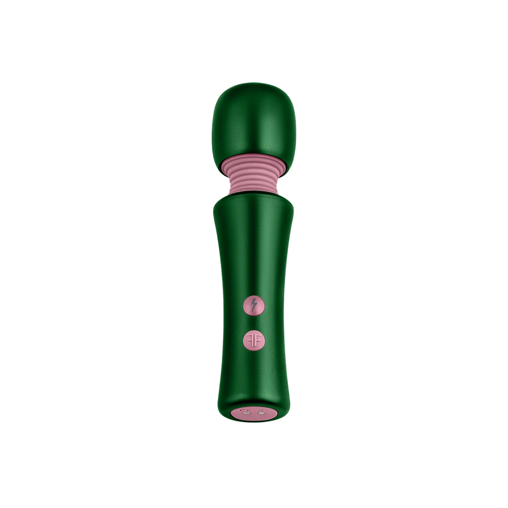 A petite massage wand with a flexible head and two control buttons.