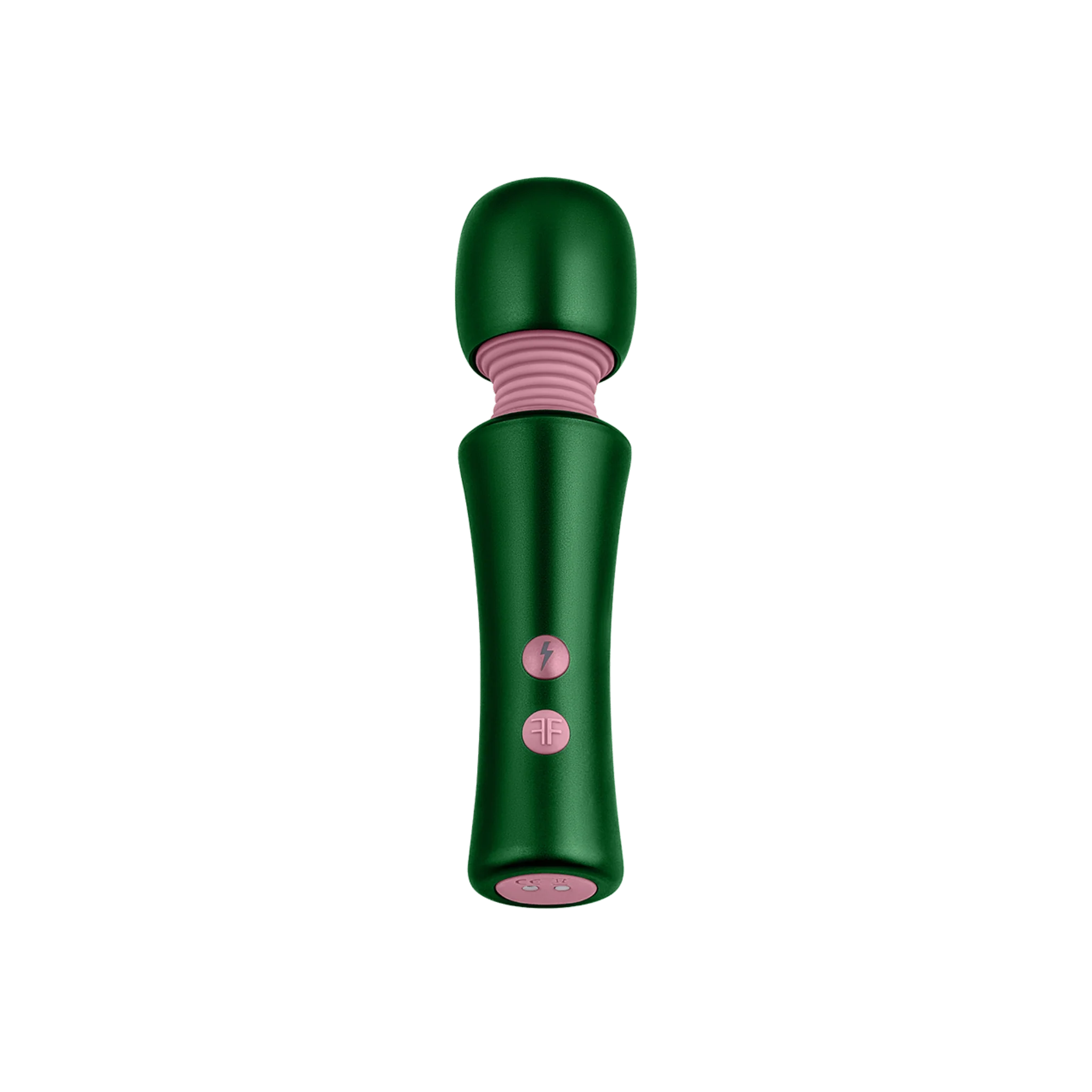 A petite massage wand with a flexible head and two control buttons.