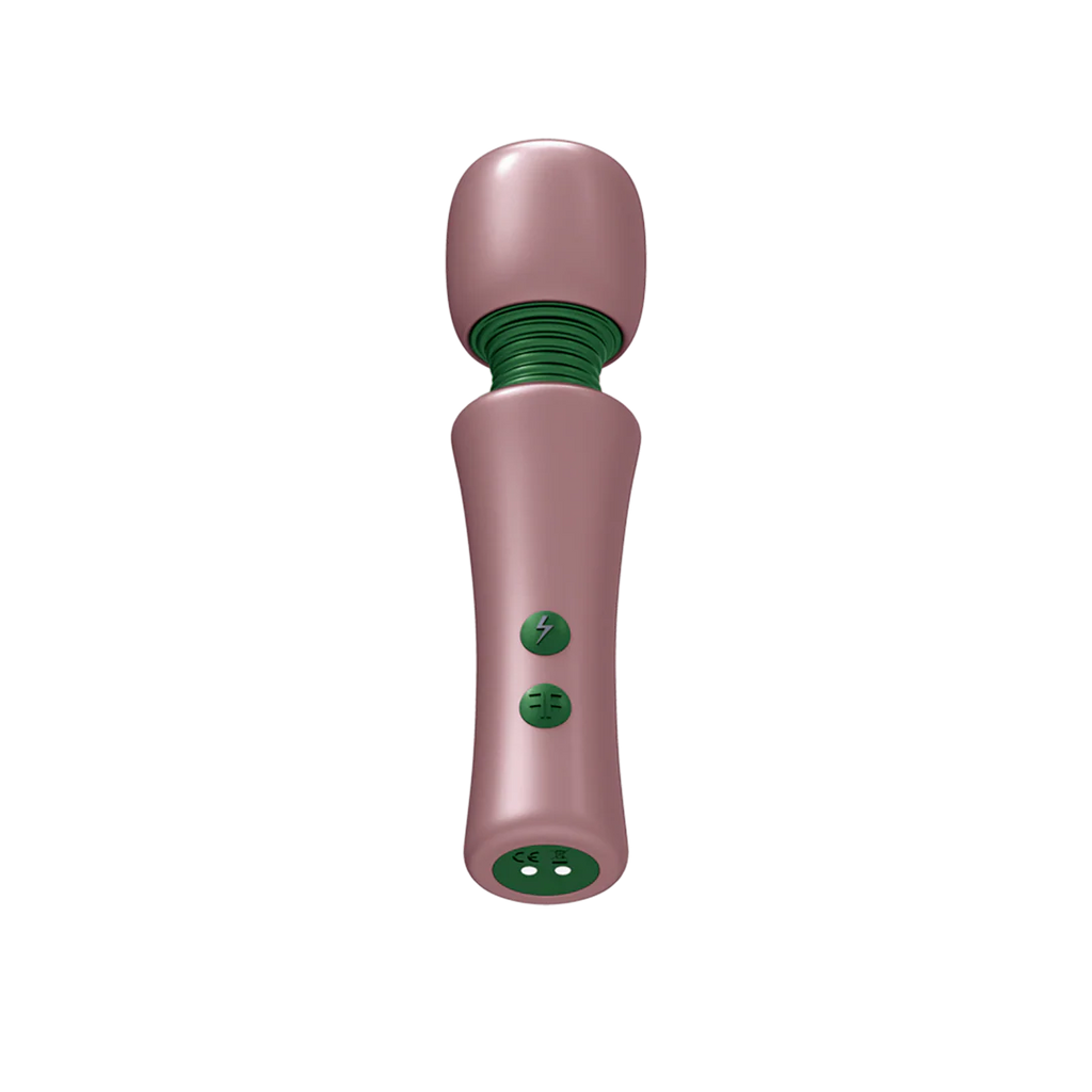A petite massage wand with a flexible head and two control buttons.
