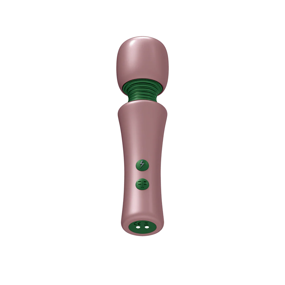 A petite massage wand with a flexible head and two control buttons.