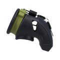 Black and green silicone cage with a green band at the base and locking clasp. Padlock and keys in place.
