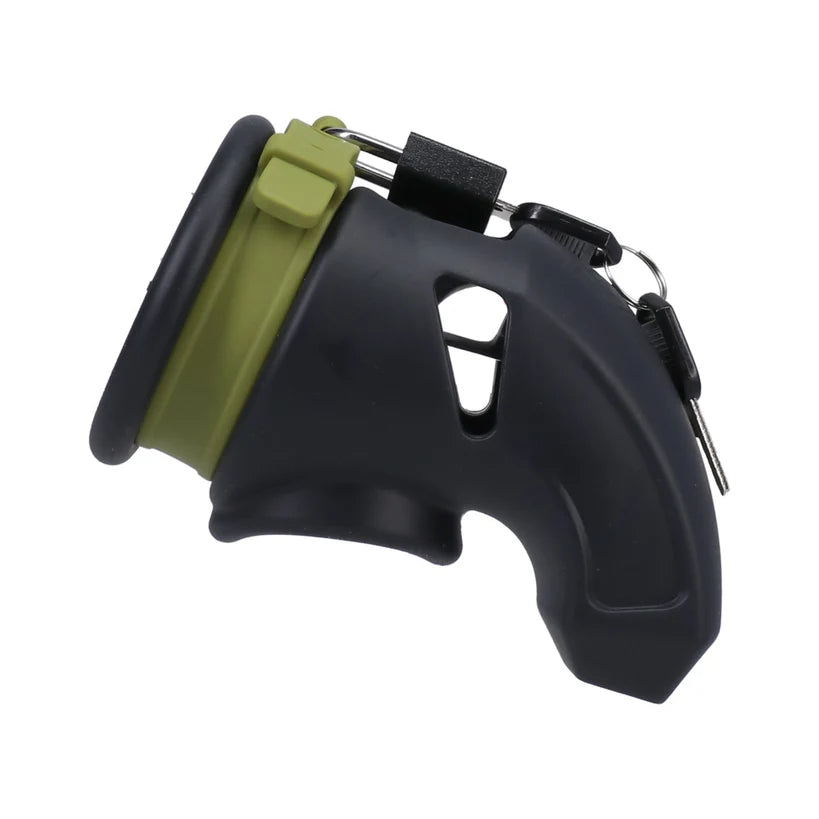 Black and green silicone cage with a green band at the base and locking clasp. Padlock and keys in place.