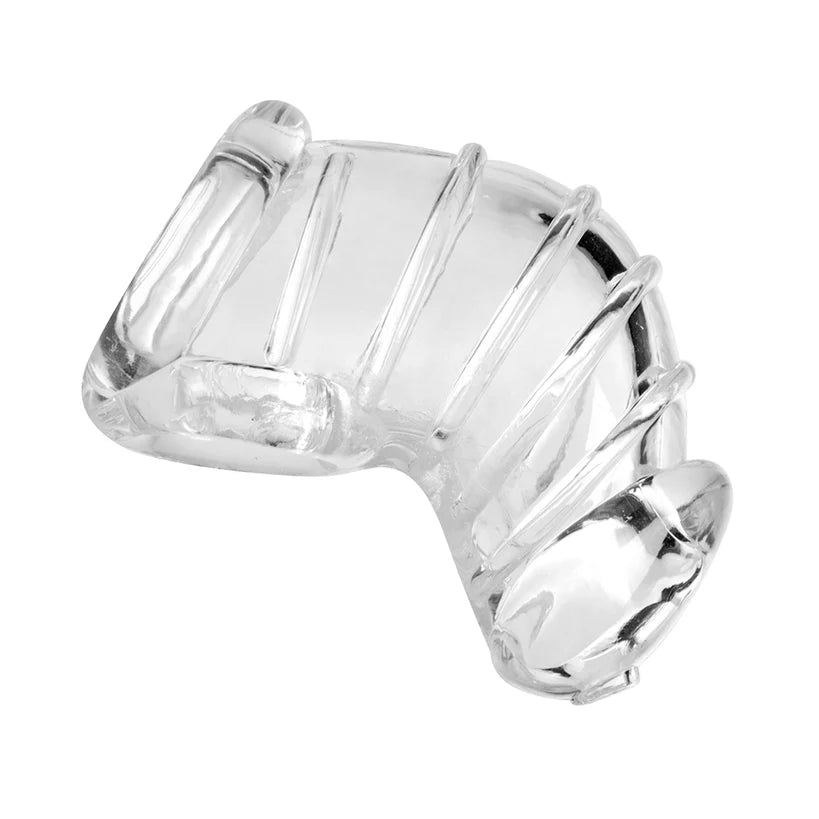 Clear, curved penis-shaped cage with an opening for the penis and one for the balls. 