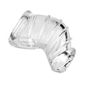 Clear, curved penis-shaped cage with an opening for the penis and one for the balls. 