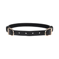 Black, thin collar with a gold buckle on each side of the neck.