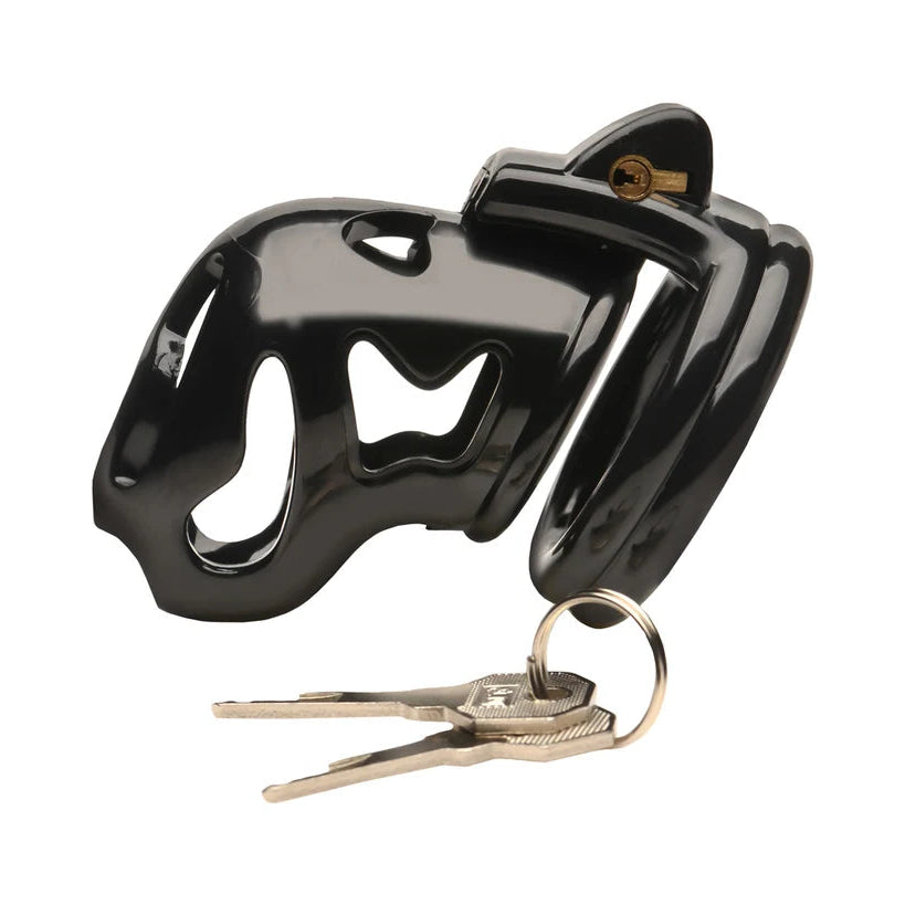 A shine, black ABS hard plastic cage with a natural curve downward.