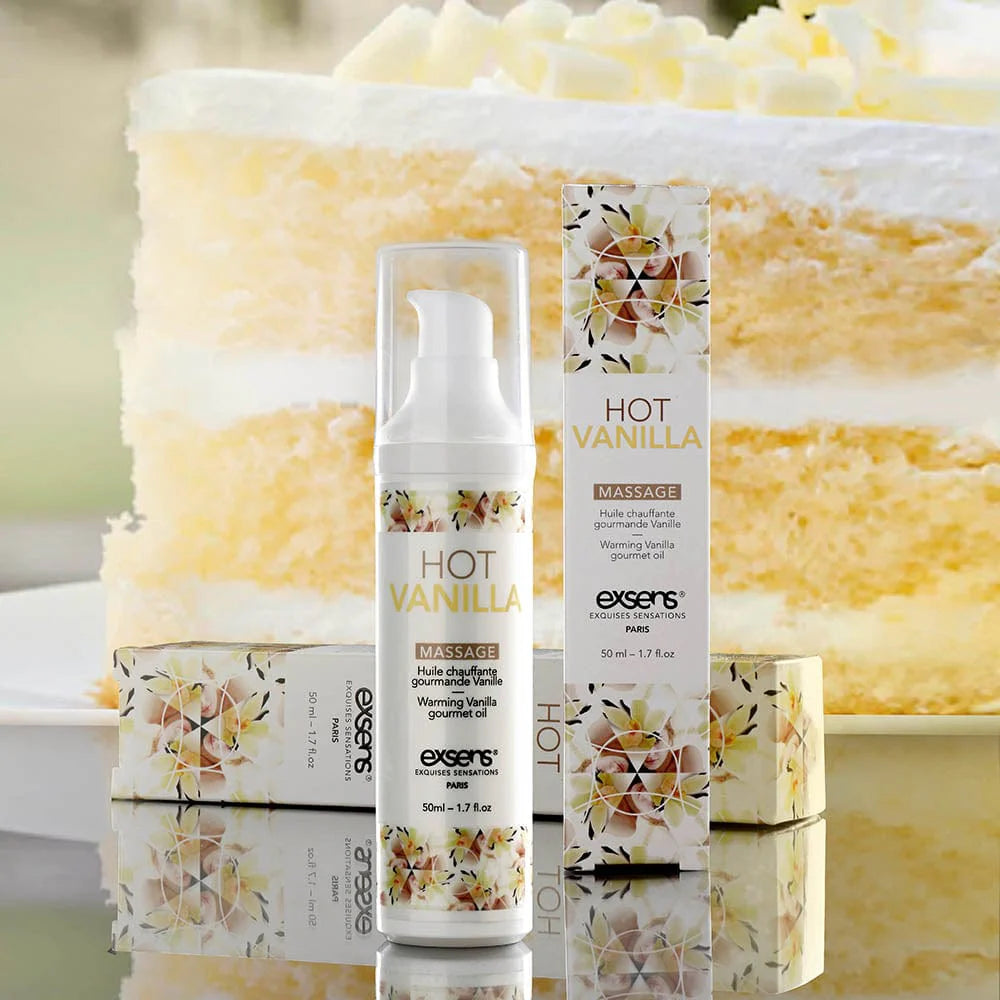 Exsens Hot Vanilla massage cream packaging with a decorative background