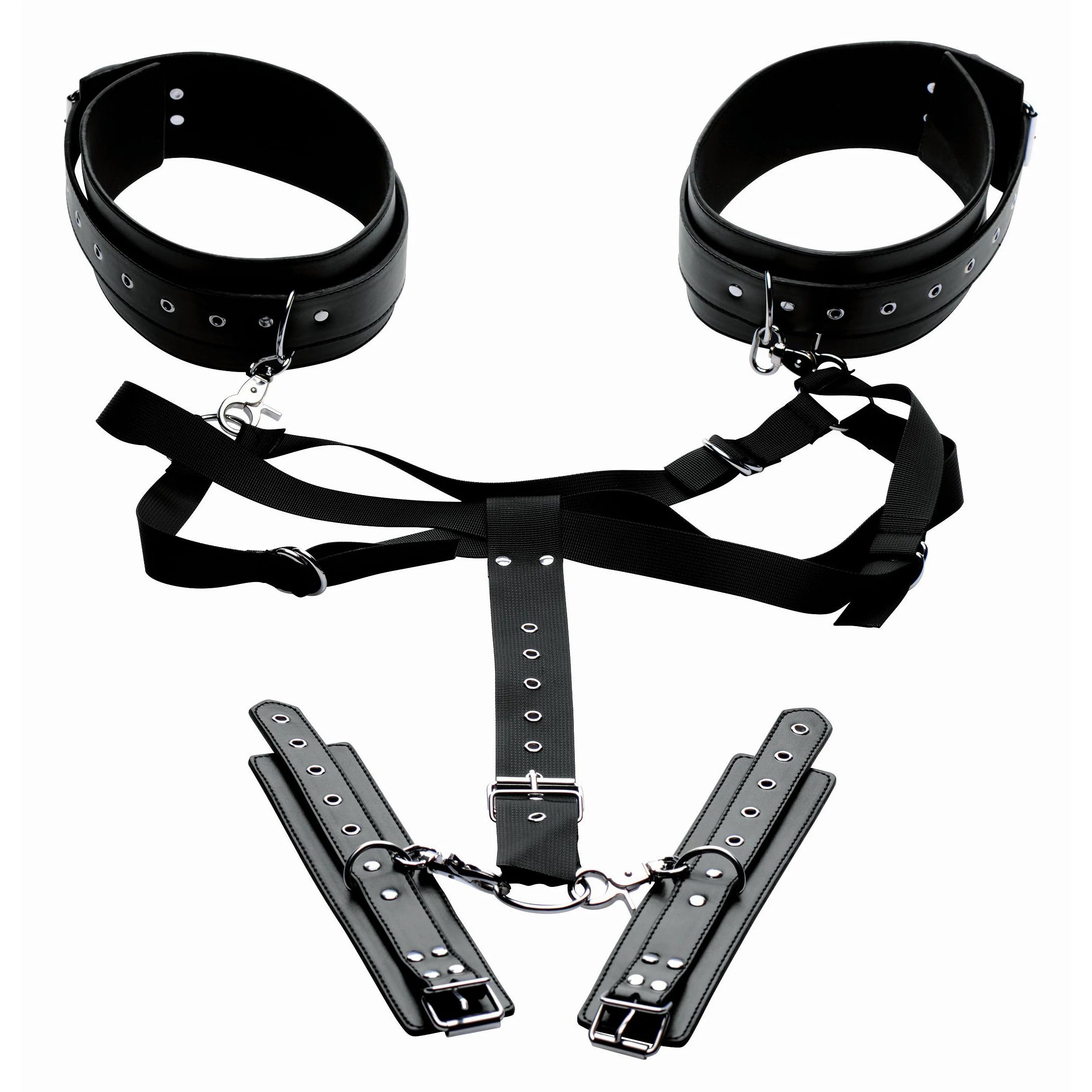 Black leather restraint set with cuffs, straps, and shackles on a white background