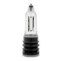 A penis pump with a clear cylindrical upper section and a black ribbed base.base.