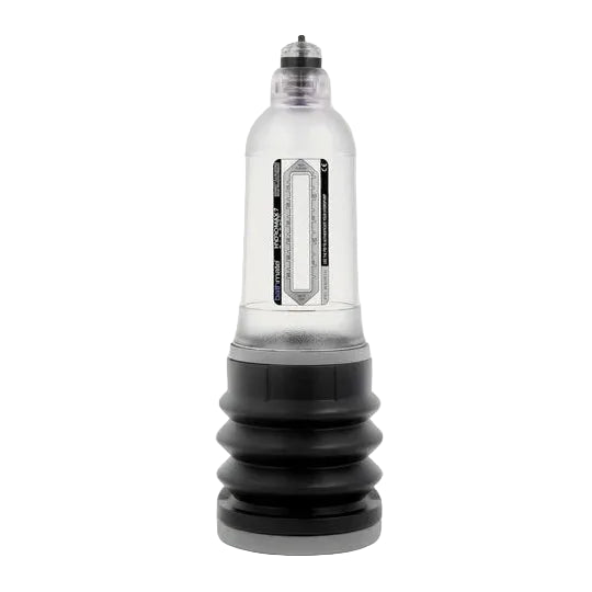 A penis pump with a clear cylindrical upper section and a black ribbed base.base.