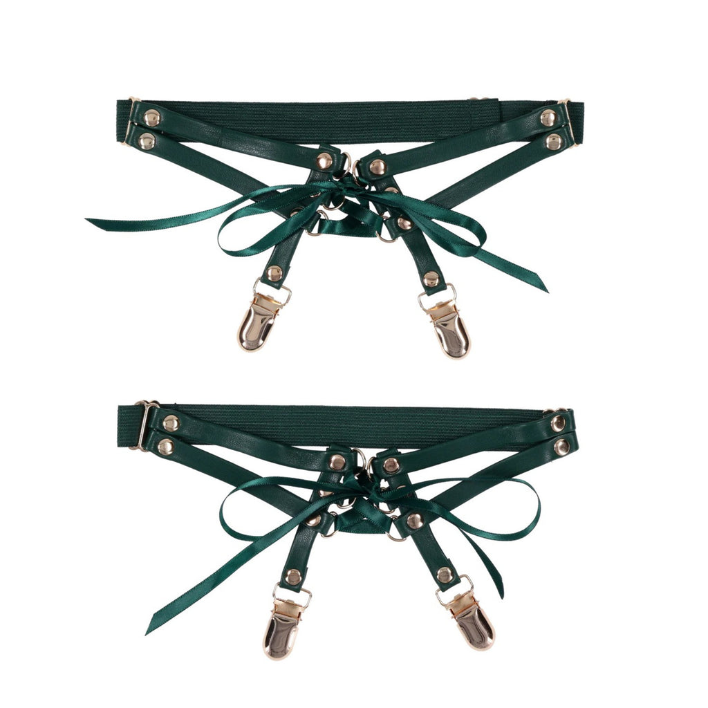 Forest green faux leather and elastic garter, with metal stocking clasps. 