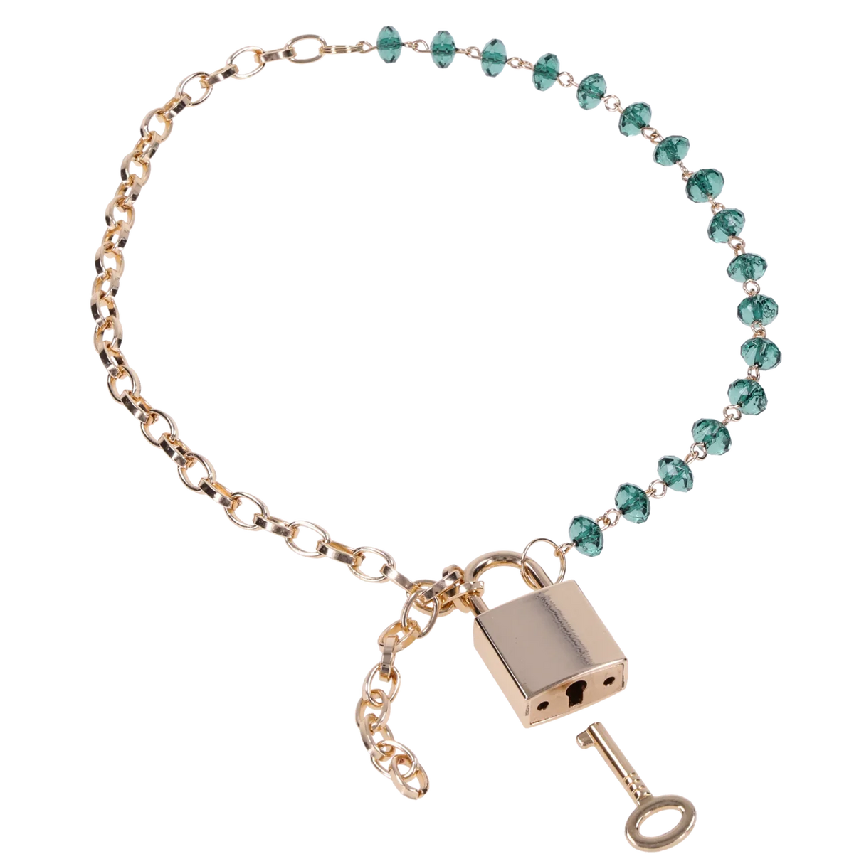 A neck lace that where one half of the oval gold chain includes emerald green crystal beads and gold lock and key charm.