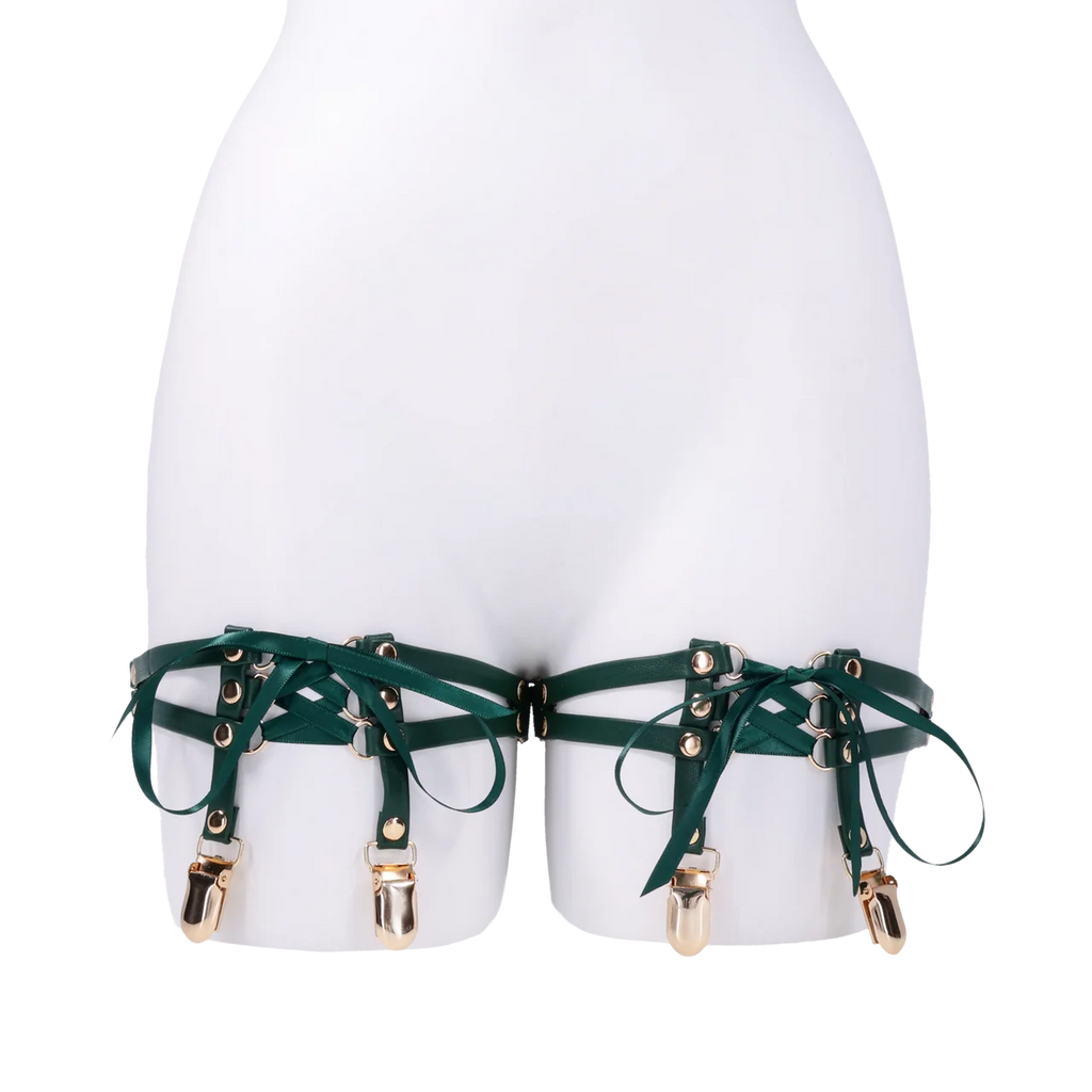 Forest green faux leather and elastic garter, with metal stocking clasps. 