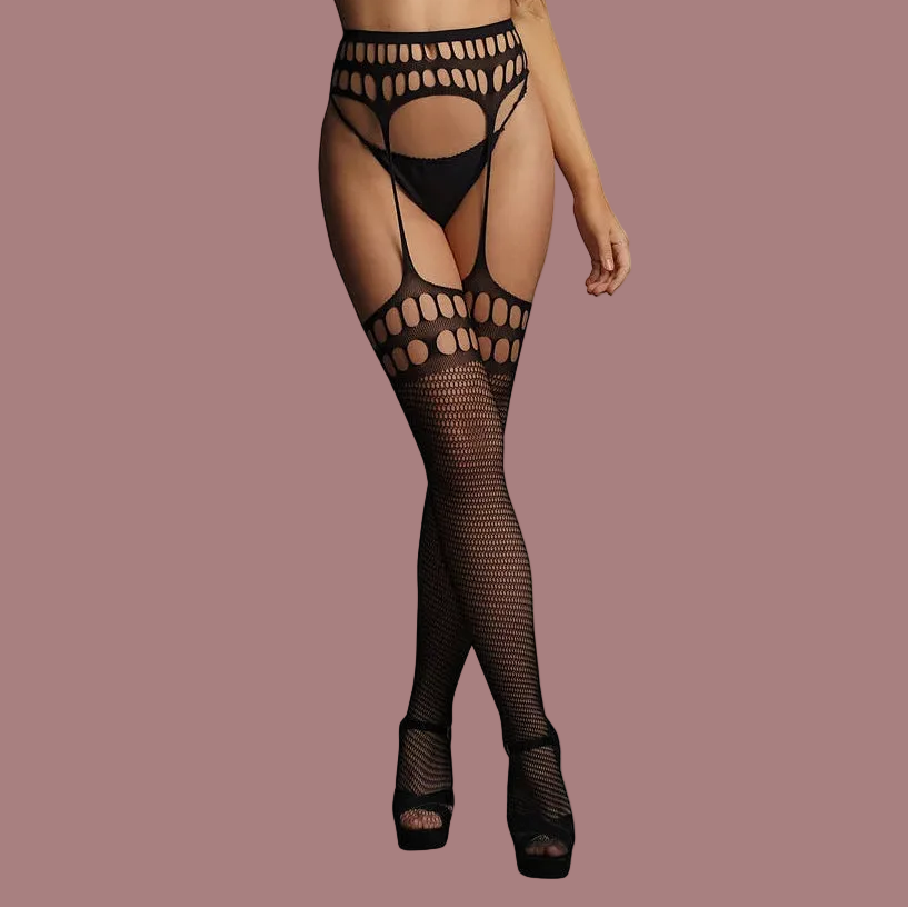 Tight net stockings with open oval designs at the top of the thighs and the garter belt. 