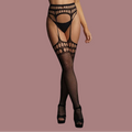 Tight net stockings with open oval designs at the top of the thighs and the garter belt. 