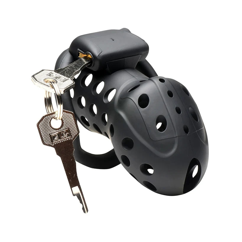 A black, ABS hard plastic cage with two silver keys dangling from the lock.